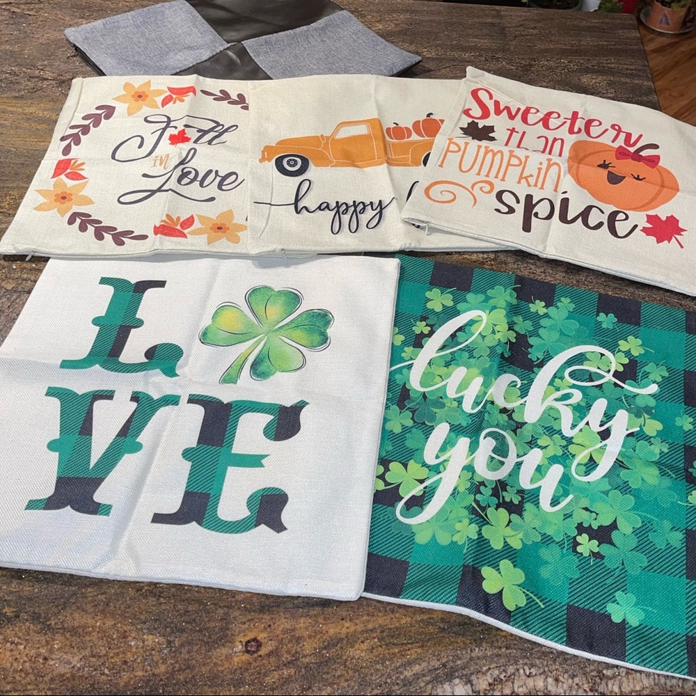 Bundle 6 pillow covers, 2 St. Patrick’s Day, 3 fall designs, one black/gray